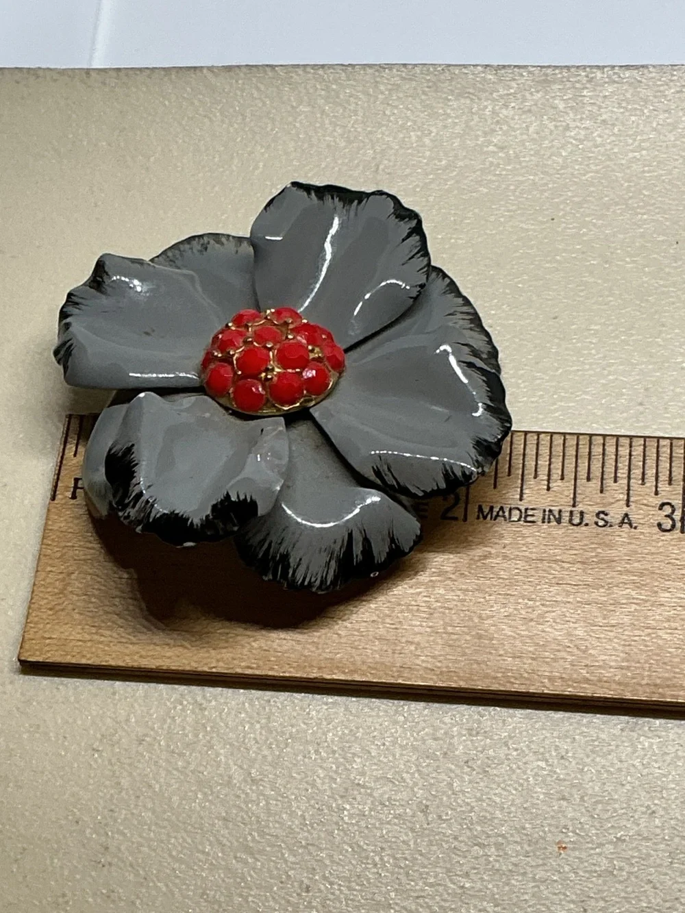 Vintage Gray Enamel Flower Brooch Red Rhinestone Center